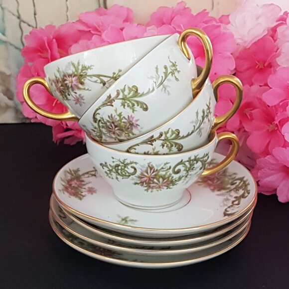 Vintage Limoges 8-Piece Porcelain Tea Set: Cups & Saucers for 4 - Picture 3 of 6